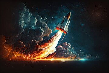 Wall Mural - rocket, with tail of fire and smoke, taking off into starry night sky, created with generative ai