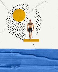 Professional male swimmer, standing on trampoline and getting ready to jump and swim. Championship. Contemporary art collage. Concept of vacation, creativity, imagination, retro style, fun, sport