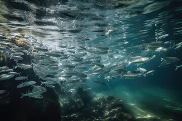 Wall Mural - school of fish swimming in crystal-clear freshwater, created with generative ai