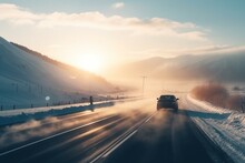 Sunrise On A Clear Winter Morning, The Car Rides On The Highways. Winter Travel Concept. Auto On A Winter Road In The Mountain Valley At Sunrise. Generative AI
