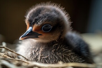 Poster - close-up of newborn bird with fluffy feathers and wide eyes, created with generative ai