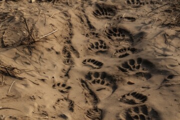 Wall Mural - close-up of animal tracks and signs, with visible claw marks on the ground, created with generative ai