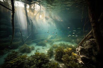 Canvas Print - freshwater habitat, with schools of fish swimming and plants swaying in the current, created with generative ai