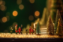 Miniature People Standing, Xmas Bells, Trees, Generative AI