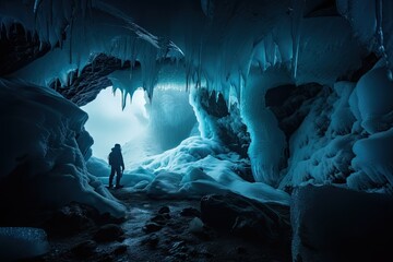 Wall Mural - frozen cavern, with eerie blue light and mist, creating otherworldly atmosphere, created with generative ai