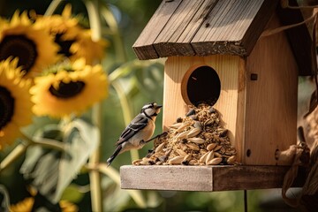 Sticker - feeder with sunflower seed husks on a wooden birdhouse, created with generative ai