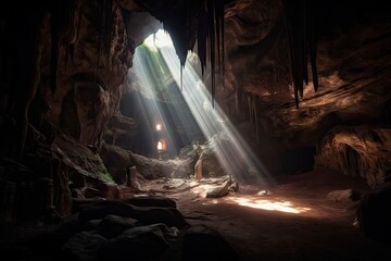 Wall Mural - cave with intricate formations and natural light shining through the entrance, created with generative ai