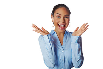 Business, excited woman and face portrait with hands for announcement, promotion or deal. Happy and confident female entrepreneur with wow news or success isolated on a transparent, png background