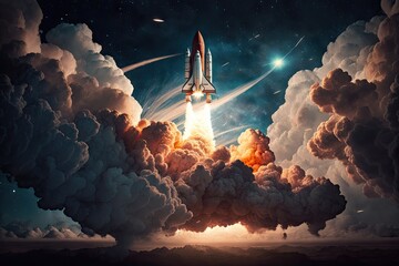 Wall Mural - rocket blast off, with stars and clouds in the background, created with generative ai