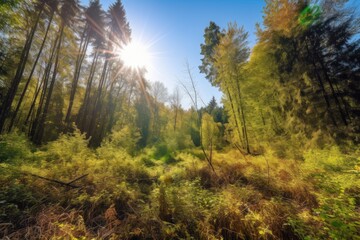 Wall Mural - forest with clear blue sky and sun shining down on the trees, created with generative ai