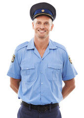 Wall Mural - Happy, smile and portrait of a man police officer with confidence, leadership and vision. Security, compliance and professional law employee in a legal uniform isolated by transparent png background.