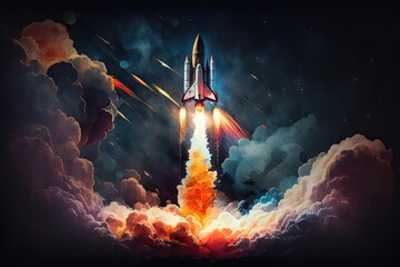 Canvas Print - rocket start with burst of flames and smoke, against night sky, created with generative ai