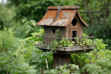 Wall Mural - rusted birdhouse surrounded by lush greenery, created with generative ai