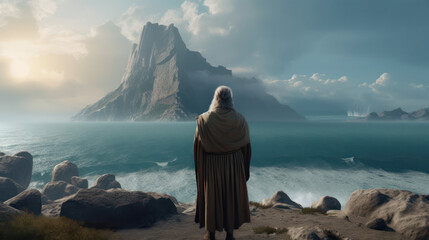 view of Moses from the back looking at the sea and the mountain . generative AI