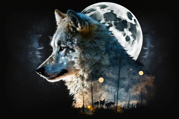 Wall Mural - double exposure of wolf with moon in the night sky, created with generative ai