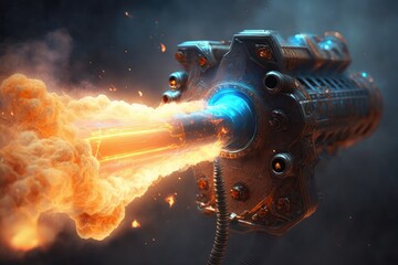 Canvas Print - close-up of alien blaster, with smoke and fire emitting from the muzzle, created with generative ai