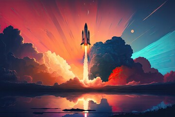 Wall Mural - rocket, with view of colorful sunset, taking off into the sky, created with generative ai