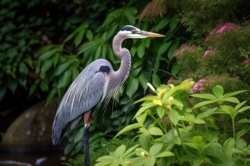 Sticker - great blue heron in lush garden, hunting among the greenery, created with generative ai