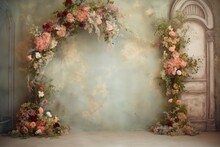 Floral Arch Vintage Background For Photo Studio. Generative AI