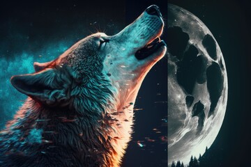 Wall Mural - close-up of moon and double exposure of wolf howling, created with generative ai