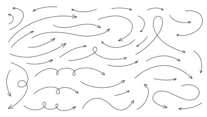 Wall Mural - hand drawn thin line arrows set. vector curvy and wavy arrows isolated on white background.