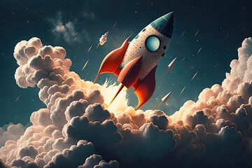 Wall Mural - rocket taking off into the sky with clouds and stars in the background, created with generative ai