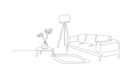 Wall Mural - Continuous line interior with sofa, plant and lamp. One line drawing of Living room with modern furniture. Single line furniture. Hand draw contour. Bulb, flower in pot. Editable stroke. Doodle vector
