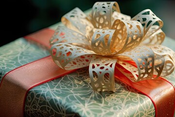 Wall Mural - close-up of intricately wrapped present, with holiday bow and ribbon, created with generative ai