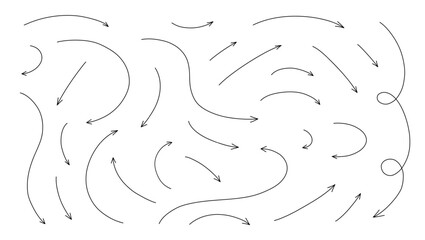Wall Mural - hand drawn thin line arrows set. vector curvy, wavy and straight arrows isolated on white background