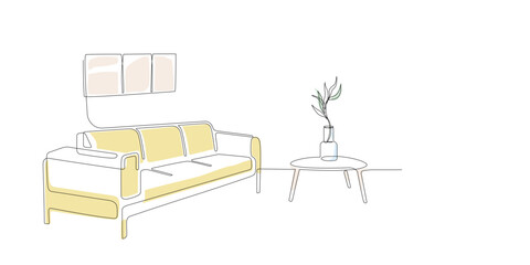 Wall Mural - Continuous line drawing of sofa, photo frames and plant with abstract color shapes. One line interior Living room with modern furniture. Single line element Hand draw contour. Doodle illustration