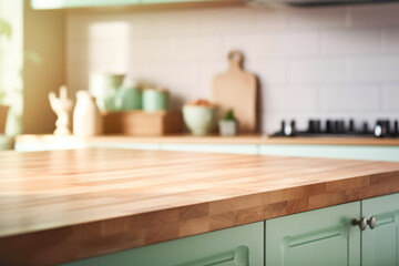 Wooden empty countertop in modern light green kitchen, kitchen panel in interior. Template showcase scene for advertising products