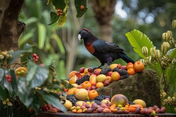 Wall Mural - exotic bird feeding on fruit or berries in garden setting, created with generative ai