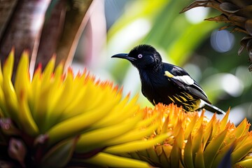 Sticker - classic black and yellow bird perched on blooming bromeliad, created with generative ai