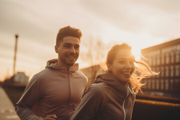 Young beautiful couple jogging in the street at sunrise. Generative AI