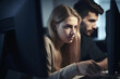 © Mihai Zaharia - Young couple working on PC in a modern home office. Generative AI