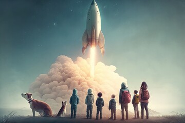 Wall Mural - people, looking up to see adorable rocket soaring into the sky, created with generative ai