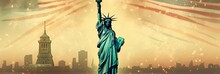 Independence Day Greeting Card Or Banner Design With The Statue Of Liberty, Fireworks Decoration; Copy Space. AI Generative