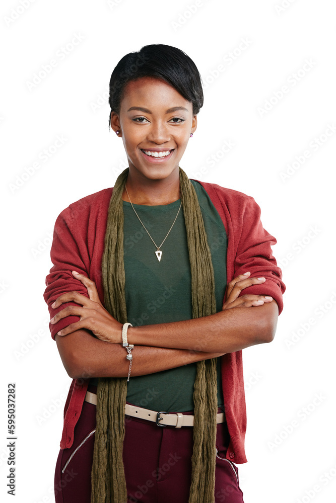 Portrait, smile and arms crossed of black woman isolated on transparent ...