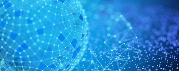 Wireless connection. Satellite internet. Blockchain technology. Network structure background. Artificial intelligence. Machine learning. Data background. Big data. Wide banner. 3D rendering.