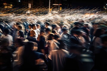 Poster - A crowd of people walking across a street at night. Motion blur. AI generative image.