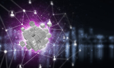Wall Mural - concept of internet and networking with digital cube figure on dark background