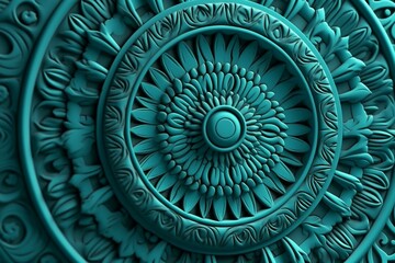 Turquoise Surface with Extruded Mandala Design. Three-dimensional Diwali Festival Wallpaper. Generative AI