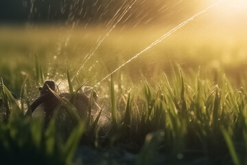 Wall Mural - Automatic sprinkler system watering the lawn. Garden irrigation system watering lawn. 