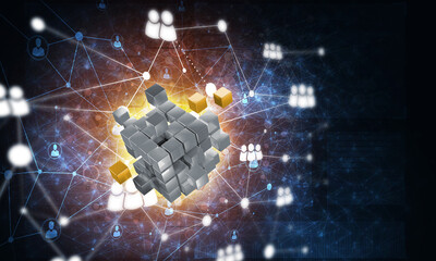 Wall Mural - concept of internet and networking with digital cube figure on dark background