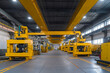 Production hall with large yellow presses for stamping automobile body parts, overhead crane on the ceiling of the hall, no people. Generative AI