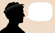 Talking Caesar With Empty Text Bubble. Black Silhouette Flat Style Vector Illustration.