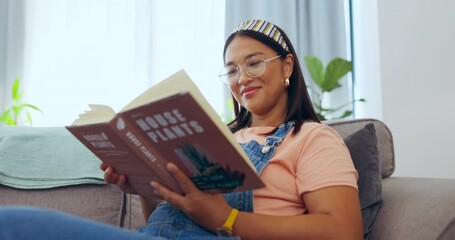 Sticker - Relax, reading and happy with woman on sofa for studying, information and literature. Learning, break and knowledge with female student resting in living room at home for peace, hobby and education