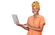 Happy portrait, laptop and African woman isolated on transparent, png background for fashion promotion or blog. Nigeria person or young model on computer for retail, clothes sales and social media