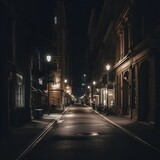 Fototapeta Uliczki - Experience the poignant beauty of a lonely street by night, adorned with a series of streetlights casting a soft glow. Feel the evocative mood and contemplative atmosphere. 