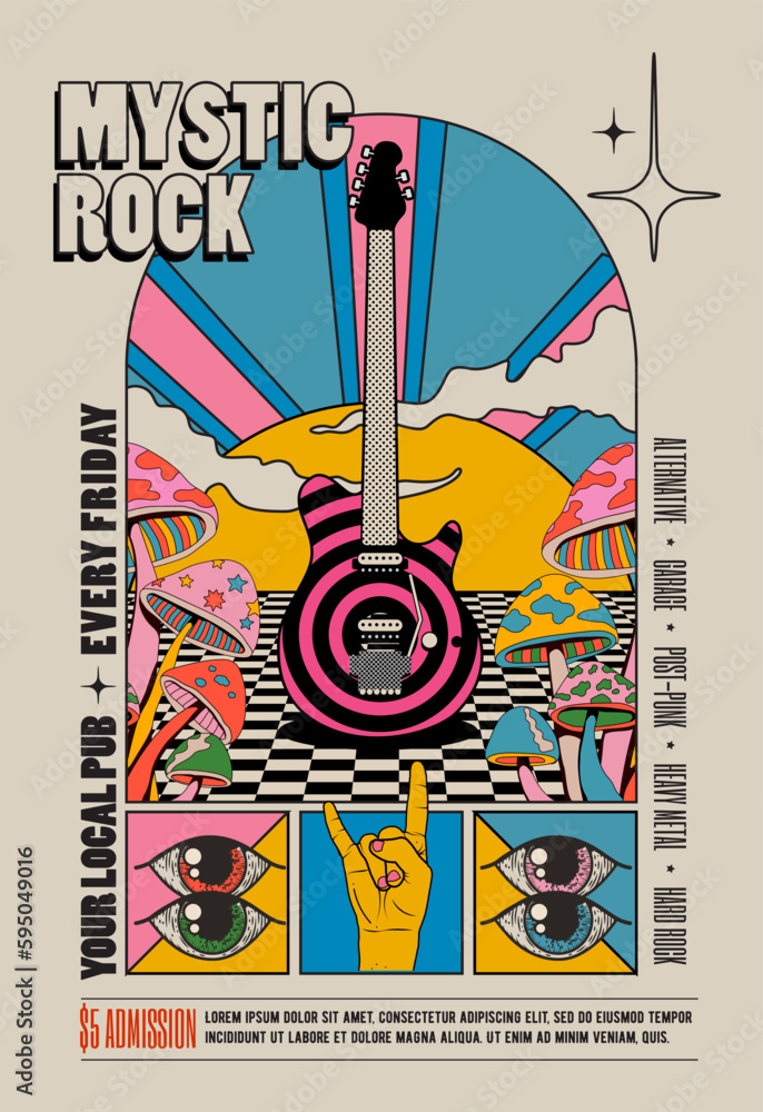 Retro vintage styled psychedelic rock music concert or